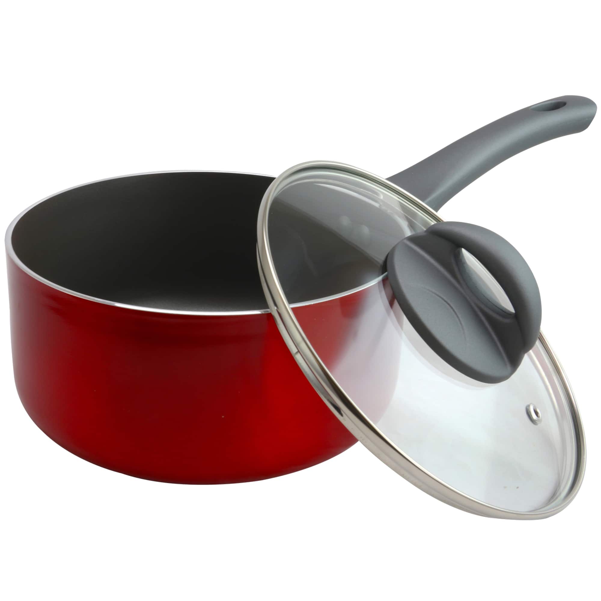 Oster Herscher 2.5qt. Red Aluminum Sauce Pan With Tempered Glass Lid